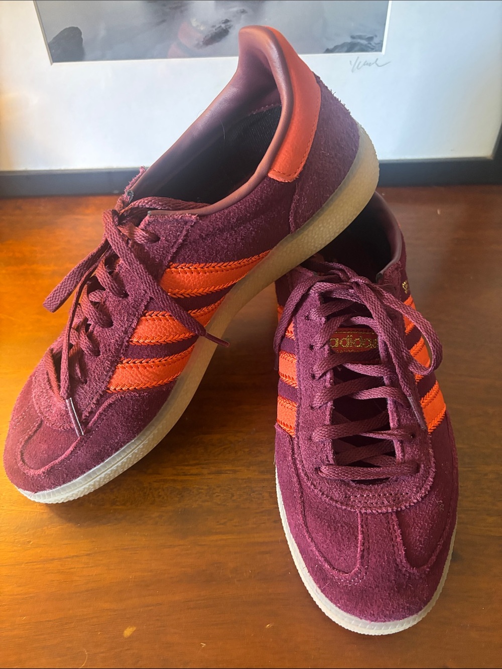 adidas Women’s Suede Spezial Sneakers in Burgundy with Orange Stripes